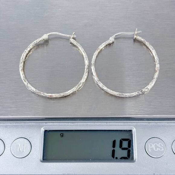 Estate Sterling Silver 925 Textured Hoop Earrings - Picture 7 of 7
